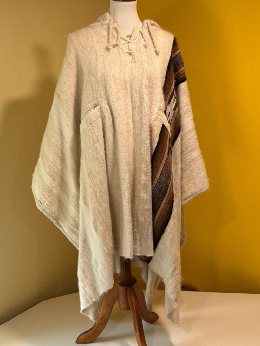 Handwoven Novica Alpaca Wool Poncho With Hood Beige & Earthy Brown Stripes Made
